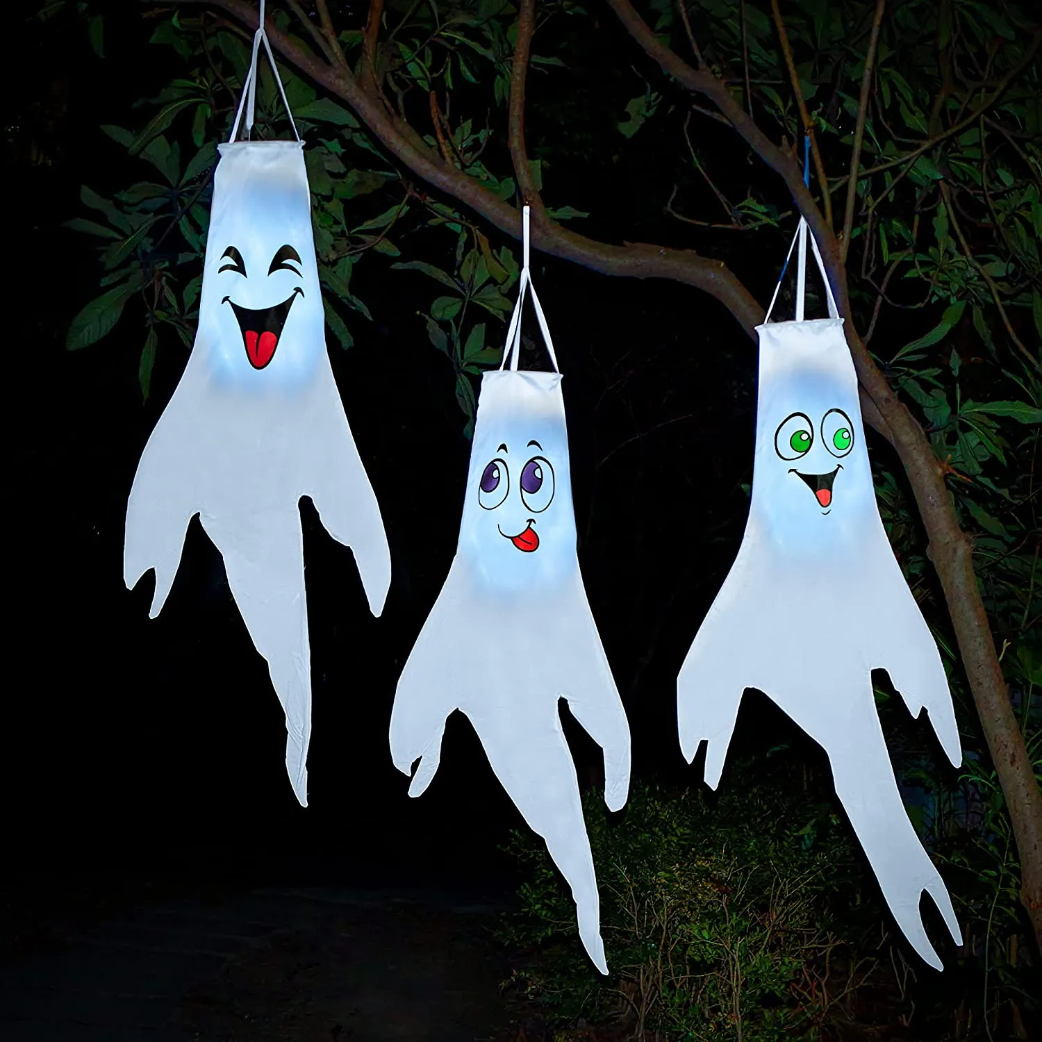 Joyin 3 Pcs Lighted White Ghost Windsock Cute Colorful Face - Halloween Decorations